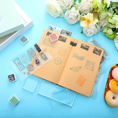 Yinder 7 Pcs Vintage Rubber Clear Stamps Set 4 Sheet Transparent Postage Silicone Stamps 3 Pcs Acrylic Stamp Block Tools with Grid Lines Rubber Craft Supplies for DIY Scrapbooking Journaling
