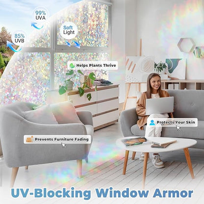 DOWELL Window Privacy Film Rainbow Film, Stained Glass Decorative Sticker, Static Cling Non-Adhesive Glass Clings, Sun Blocking Heat Control Window Coverings for Home Door, 23.6" x 118.1"