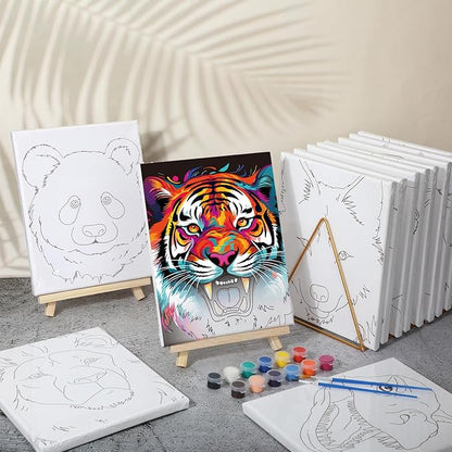 Zhanmai 12 Pack Pre Drawn Canvas for Painting Sip and Paint Kit 8 x 10 Paint Party Set Canvas Painting Pre Printed Canvases for Party Favor DIY Virtual Adult's Date Night(Colorful Animals)