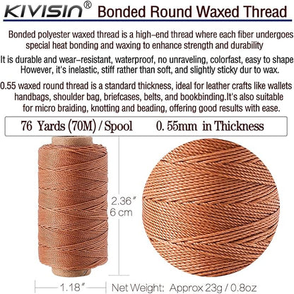 Round Polyester Waxed Thread 0.55mm, 12 Neutral Colors 76 Yards/Spool Wax Coated String Thin Cord for Leather Upholstery Sewing, Stitching, Bookbinding, Beading, Micro Knotting and Braiding