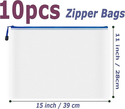 AUSTARK 10 Pcs Zipper File Bags, Waterproof Plastic Mesh Pouch for Office School, Board Game Storage Bags (B4 Size 15''x11'', White and Blue)