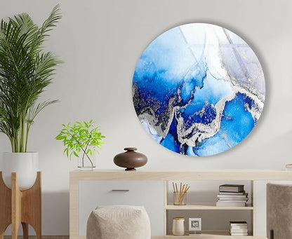 My Photostation.com 27.5''(70cm) Diameter Blue Marble Round with Silver Details Glass Wall Art Tempered Glass Printing Wall Decor Large Wall Art Wall Hangings