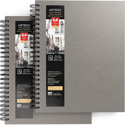 ARTEZA Watercolor Sketchbook 2-Pack, 9x12 Inches – 64 Pages Each, Spiral-Bound 140 lb Cold Press Paper, Gray Hardcover Journal for Mixed Media