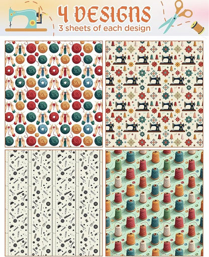Pineraap 12 Sheets Sewing Theme Wrapping Paper, Vintage Sewing Machine, Button, Yarn Printed Gift Wrap Folded Flat Craft Paper for Sewing Lovers, Seamstress, Women, Mom, Grandma, 19.7 x 27.6 Inch