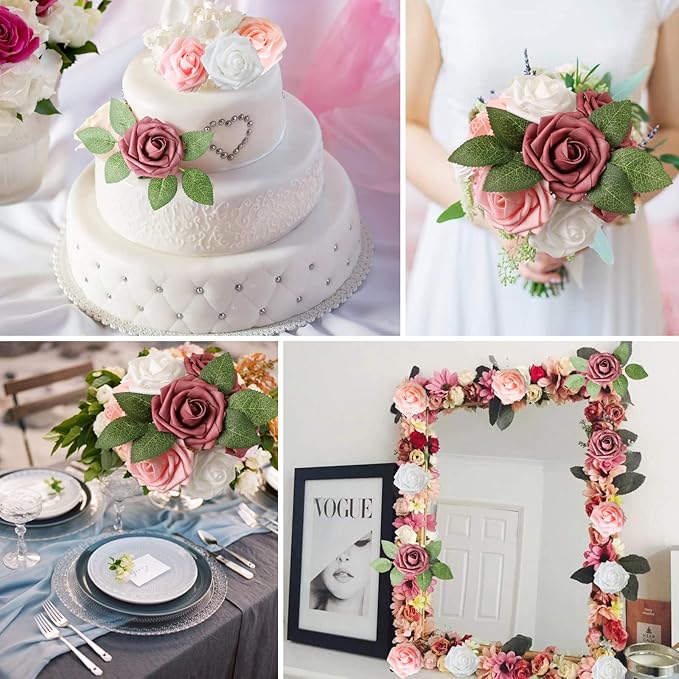AmyHomie Artificial Flower Shades of Rose 25pcs Real Looking Fake Roses w/Stem for DIY Wedding Bouquets Centerpieces Arrangements Party Baby Shower Home Decorations