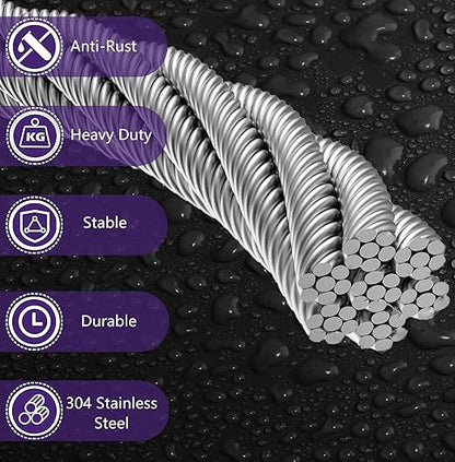 1/8 Inch Stainless Steel Cable 100FT - 7x7 Strand Aircraft Wire Rope with Loop Sleeve & Thimble - Heavy Duty for Deck Railing, String Light Hanging, Garden, Marine, DIY Projects