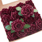 Floroom Artificial Flowers 16pcs 3.5" Real Looking Burgundy Foam Fake Hybrid Tea Roses with Stems for DIY Red Wedding Bouquets Bridal Shower Centerpieces Floral Arrangements Party Tables Decoration