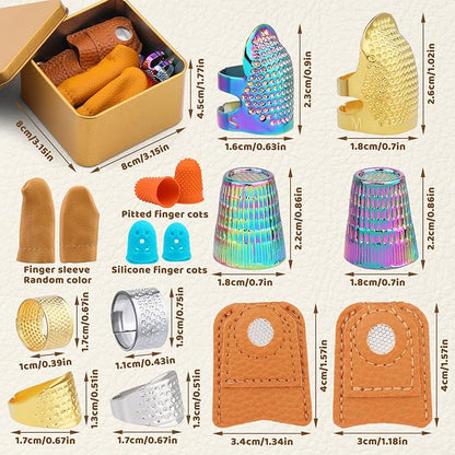 Ftyiwu Sewing Thimble, Hand Sewing Thimble with Storage Box, Adjustable Metal Sewing Thimble, Leather Finger Protector, DIY Hand Sewing Tool Accessories