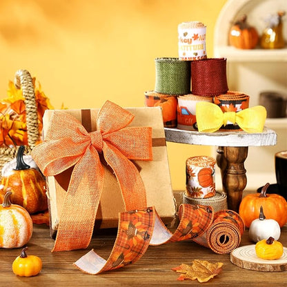 12 Rolls Fall Wired Edge Ribbon for Wreaths 2 Inch x 60 Yards Maple Leaves Pumpkin Turkey Print Ribbon Thanksgiving Plaid Crafts for Autumn Harvest Party Decoration Supplies, 12 Styles