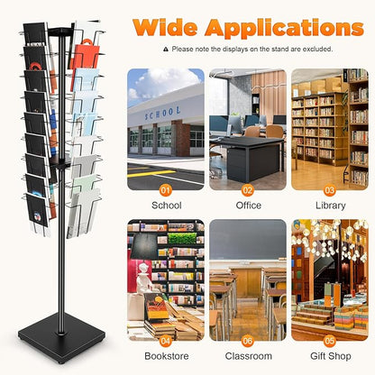 36 Pockets-360°Rotating Magazine Rack Holder Floor Comic Book Brochure Display Stand Flyer Storage Pamphlet Catalog Literature Organizer for Retail Store, Malls, Office, Trade Show Exhibition