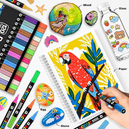 120 Colors Acrylic Paint Markers, Dual-Color Acrylic Paint Pens with 60 Brush Tips for Fabric Rock Wood Glass Paper DIY for Painting, Quick Drying, School Art Supplies for Adults Kids Drawing