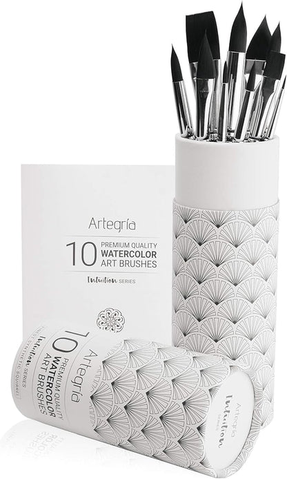 ARTEGRIA Watercolor Brush Set, 10 Professional Soft Synthetic Squirrel Paint Brushes, Including Pointed Rounds, Flats, Dagger, Oval Wash