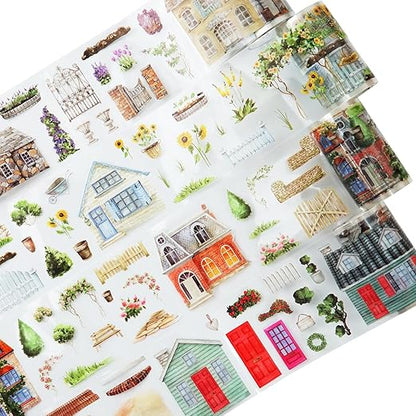 Dream Courtyard PET Tape Set, 4 Rolls of Scenic Ephemera for Junk Journaling, Scrapbooking, Crafting, DIY Projects, Diaries, and Art Supplies
