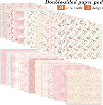 6 Inch Pink Flowers Scrapbooking Paper Pad - 24 Sheets Double Sided Aesthetic Patterns for Wedding Photos Album Journals Decorative Collage Origami DIY Crafts Gifts Wrapping Material