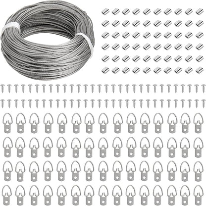 Blisstime Picture Hanging Kit - 100 Feet Braided Hanging Wire, 60 Pcs D Ring Picture Hangers with Screws and 60 Pcs Aluminum Crimping Loop Sleeve for Canvas Paintings, Photo Frames
