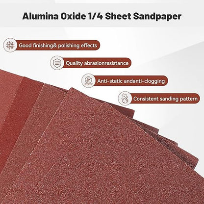 1/4 Sandpaper Sheet – 4-1/2” x 5-1/2”, P80 Grit, Red Aluminum Oxide, Plain Backing, 50-Pack – Sandpaper Sheets for Palm Sanders and Woodworking