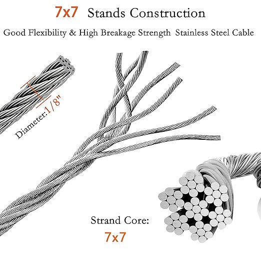 1/8 Inch Stainless Steel Wire Rope Kit, 7x7 Strands, 165 ft Length, With Cable Cutters, Sleeves, Thimbles, Clips, For Climbing Plants, Deck Railing, Fencing, Outdoor Hanging