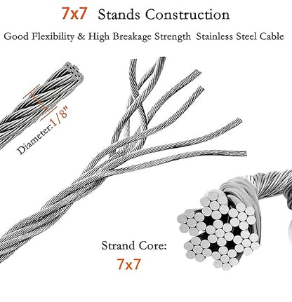 1/8 Inch Stainless Steel Wire Rope Kit, 7x7 Strands, 100 ft Length, With Cable Cutters, Sleeves, Thimbles, Clips, For Climbing Plants, Deck Railing, Fencing, Outdoor Hanging