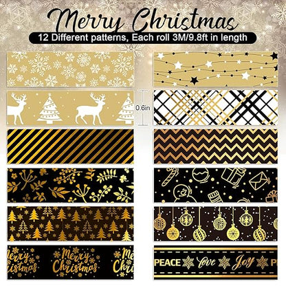 Whaline 12 Rolls Christmas Washi Tape Black Gold Xmas Washi Masking Tape Foil Gold Snowflake Xmas Tree Xmas Tree Ball Plaid Pattern Decorative Tape for Scrapbook Journal DIY Craft Gift Wrapping