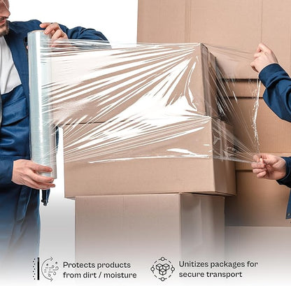 PSBM Stretch Wrap, 4 Pack, 12 Inch x 1500 Feet, 65 Gauge, Clear Plastic Cling, Cast Hand Stretch Film Rolls for Packaging Moving Packing Pallets