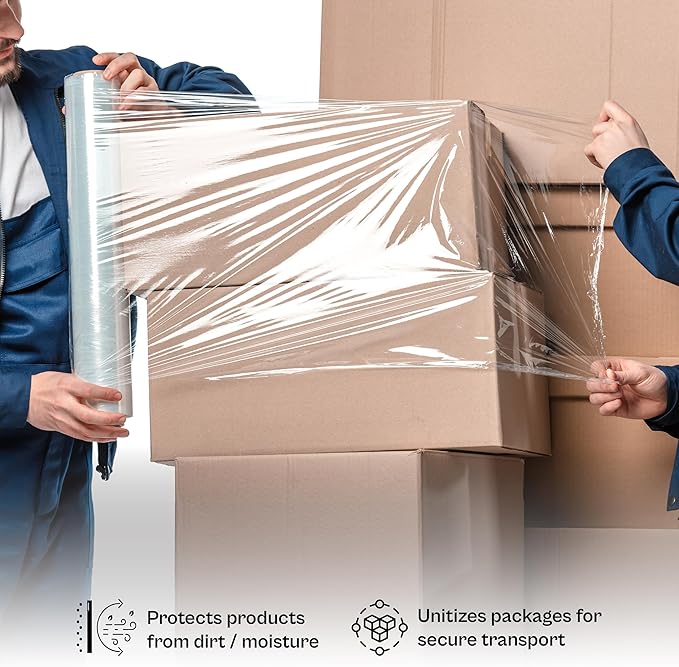PSBM Stretch Wrap, 4 Pack, 12 Inch x 2000 Feet, 60 Gauge, Clear Plastic Cling, Cast Hand Stretch Film Rolls for Packaging Moving Packing Pallets