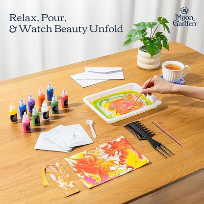 MoonGarden Marble Painting Coaster kit - Marble Painting Kit for Adults - 12 Color Paints, Ceramic Coasters, Bookmark Paper and Cardstock Paper - Relaxing and Creative DIY Activity