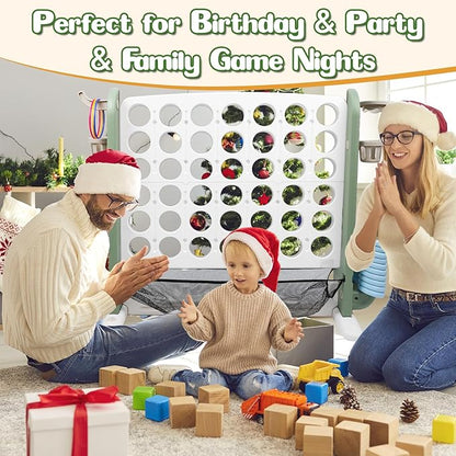 Ancaixin Giant 4 in-A-Row Connect Game Set, Adjustable Height Jumbo Yard Game with Basketball Hoop, Golf, Mesh Pocket & Ring Toss, Indoor Outdoor Family Backyard Party Game for Kids and Adults, White