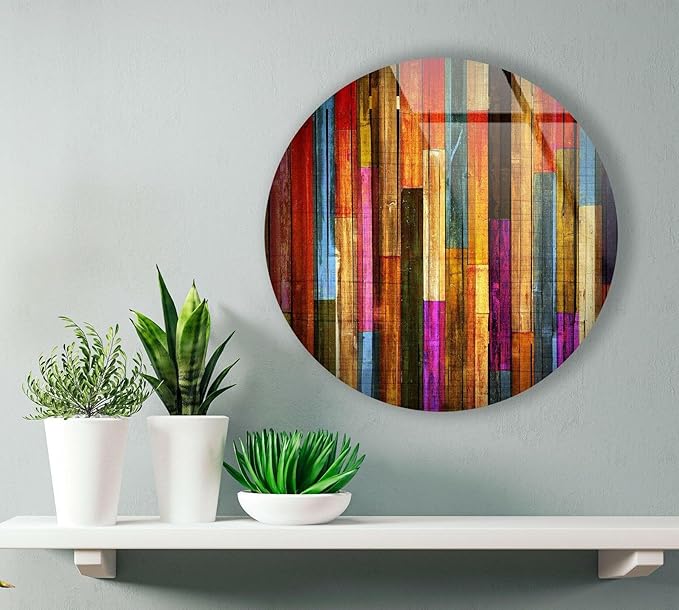 My Photostation.com 10''(25cm) Diameter Colorful Wood Pattern Round Glass Wall Art Tempered Glass Printing Wall Decor Large Wall Art Wall Hangings