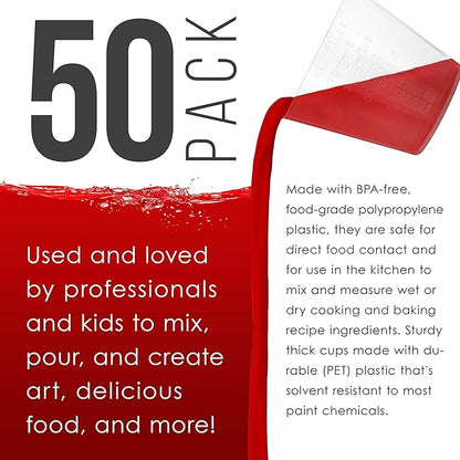 Pouring Masters 3 Oz (90 ml) Liquid Measuring Cups - Plastic Graduated Cup (50 Pack) with 25 Sticks - Reusable Mixing Cups for Paint, Craft, Kitchen, Lab, Medical Supplies, Epoxy Resin, Art