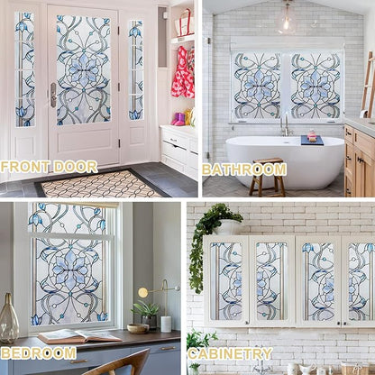 3D Stained Glass Window Privacy Film, Heat Control UV Blocking Static Cling Decorative Window Film for Bathroom,Front Door,Home Non Adhesive,23.6 x 35.4 inches Azure Bloom