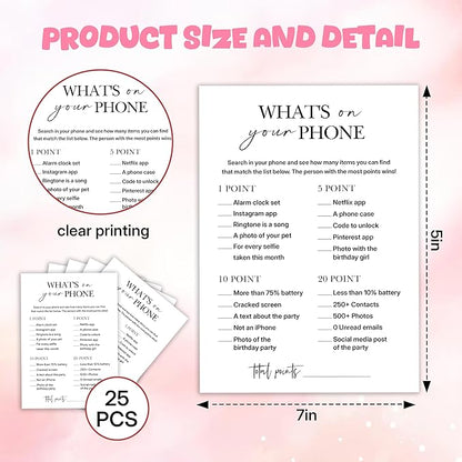 Birthday Party Games, What's on Your Phone, 25 Pcs Card Set for Guests, Fun Birthday Game for Teen Adults – A07