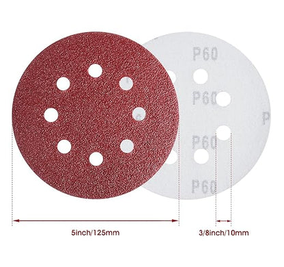 S SATC 5 Inch 8 Hole Hook and Loop Sanding Discs 60 Grit Random Orbit Sandpaper, 150 Pack