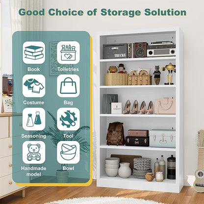 Heavy-Duty Steel Open Storage Cabinet with Adjustable Shelves, 5-Tier Shelving Unit, Easy Assembly Freestanding Organizer for Pantry,Office, Living Room,Bookshelf(White, 5 Tier-55"H x 27.6"W x 11.8"D)