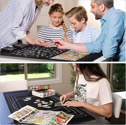 Puzzle Mat Roll Up with Drawstring Storage Bag, Portable Saver Pad 46” x 26” Up to 1500 Pieces with Non-Slip Rubber Bottom & Smooth Top + 4 Puzzle Sorting Trays & Travel-Friendly Storage Bag