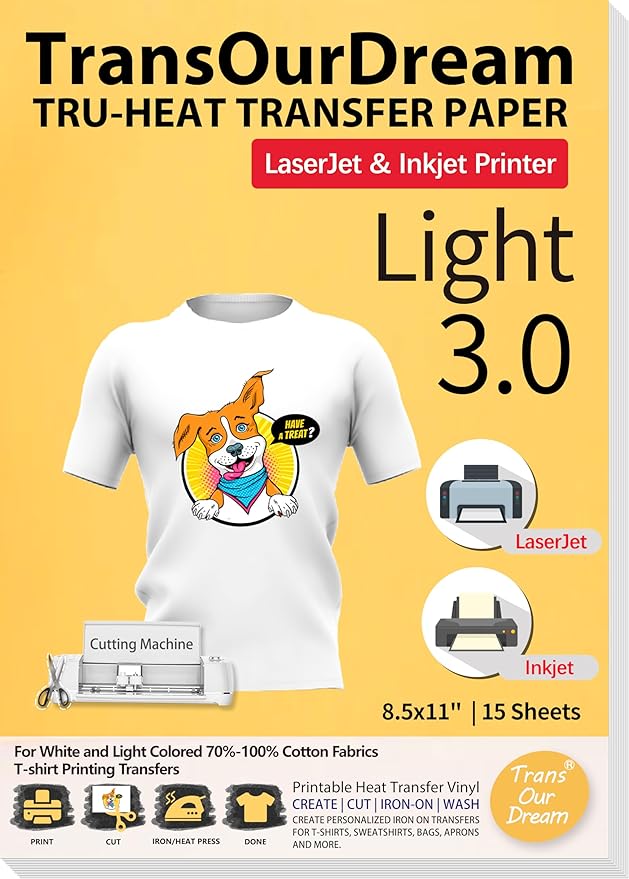 TransOurDream Tru-Heat Transfer Paper for T Shirts (Light 3.0, 15 Sheets, 8.5x11") Printable HTV Heat Transfer Vinyl for Inkjet & Laser Printer Iron on Transfers for Light Fabrics (TRANS-L3-15-3)