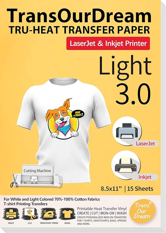 TransOurDream Tru-Heat Transfer Paper for T Shirts (Light 3.0, 15 Sheets, 8.5x11") Printable HTV Heat Transfer Vinyl for Inkjet & Laser Printer Iron on Transfers for Light Fabrics (TRANS-L3-15-3)