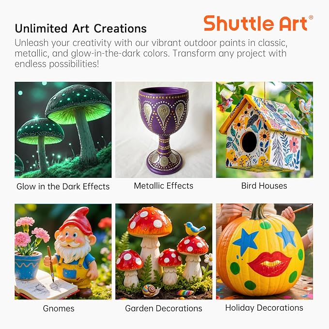 Shuttle Art Outdoor Acrylic Paint Set, 36 Colors 2oz/60ml Waterproof Acrylic Paint with 10 Brushes 1 Palette, Rich Pigmented Paints for Artists, Beginners on Rocks, Wood Crafts, Garden Statues
