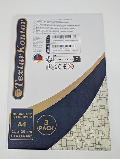 3 Sheets Self-Adhesive Decorative Film Paving Stones and Surfaces for Model Making in Scale 1:87 Scale H0 (UK: 3.5 mm Scale) (Broken Mosaik)