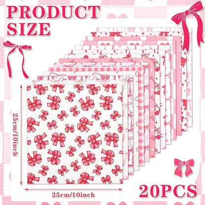 Ganeen 60 Pcs 10 x 10 Inch Pink Bows Quilting Fabric Squares Coquette Pink Bow Fat Patchwork Precut Strips Plaid Dot Heart Coquette Fabric Bundles for Holidays DIY Craft Sewing Handmade Material Gifts
