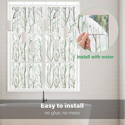 Donox Frosted Glass Window Film Heat Control UV Blocking, Static Cling Reusable Home Bathroom Door Window Privacy Film, Green Leaf Pattern Window Covering with Installation Tool, 17.5 in x 6.5 feet