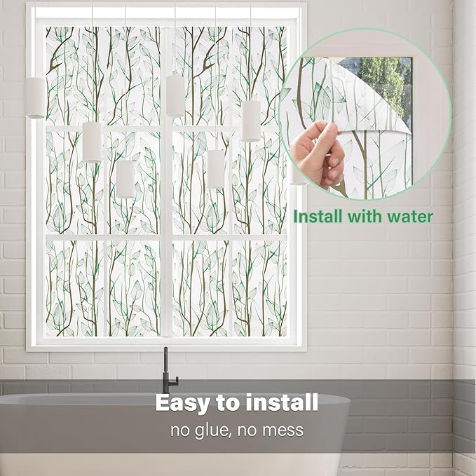 Donox Frosted Glass Window Film Heat Control UV Blocking, Static Cling Reusable Home Bathroom Door Window Privacy Film, Green Leaf Pattern Window Covering with Installation Tool, 23.6 in x 13.1 feet