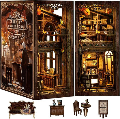 DIY Book Nook Kit 3D Puzzles for Adults Miniature House Kit Wooden Bookends Booknook Bookshelf Insert Decor with LED Lights Wood Crafts Gifts for Book Lovers - Serenity Coffee House