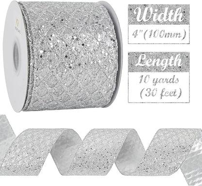 HUIHUANG Silver Christmas Ribbon 4 inch Silver Glitter Wired Ribbon Diamond Mesh Wire Ribbon for X-mas Tree Decorations, Wreaths, Garland, Large Bows Making, Home Decor -10 Yards