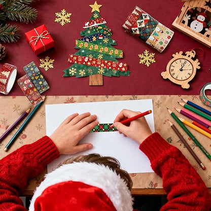 12 Rolls Christmas Washi Tapes Christmas Tree Snowman Snowflakes Gingerbread Man Masking Tape Red Green Gold Foil Xmas Decorative Tape for Xmas Scrapbook Journal Gift Wrapping DIY Crafts 16.4FT