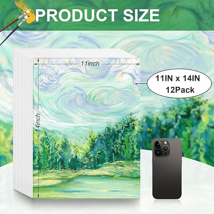 Canvases for Painting 11x14 Inch, 12 Pack Blank Painting Canvas Boards for Painting Supplies-100% Cotton Canvas Panels Acid-Free Primed for Oil Paint,Watercolor, Acrylic Paint, Gouache and Tempera.