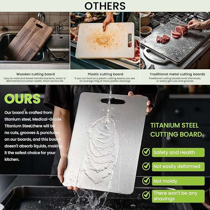 3 Pack Titanium Cutting Board-100% Pure Titanium Cutting Boards For Kitche,Easy to clean, Double-sided food-grade Cutting Board For Meats, Fruits And Vegetables (M&L&XL)