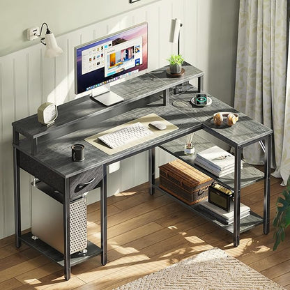 SUPERJARE 47 inch Reversible L Shaped Desk with LED Lights & Power Outlets, Computer Desk with Shelves & Monitor Stand, Gaming Desk with Drawer, Home Office Desk Corner Desk, Grey