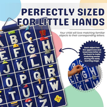 Pockets of Learning ABC Felt Wall Hanging Chart - Early Education Alphabet Fabric Wall Décor for Children's Room | Engaging Educational Learning Art for Kids with Fabric Objects in Pocket (Blue)