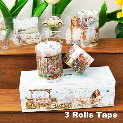 Spring Garden PET Tape Set, 3 Rolls Pre-Cut Wildflower Stickers for Scrapbooking, Journaling, DIY Crafts, and Collage Art (30 mm/50 mm/55 mm)