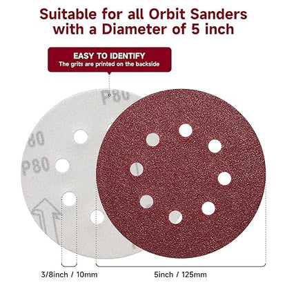 100 PCS 5 Inch Sanding Discs 80 Grit, Round Hook and Loop Sandpaper for Random Orbital Sander